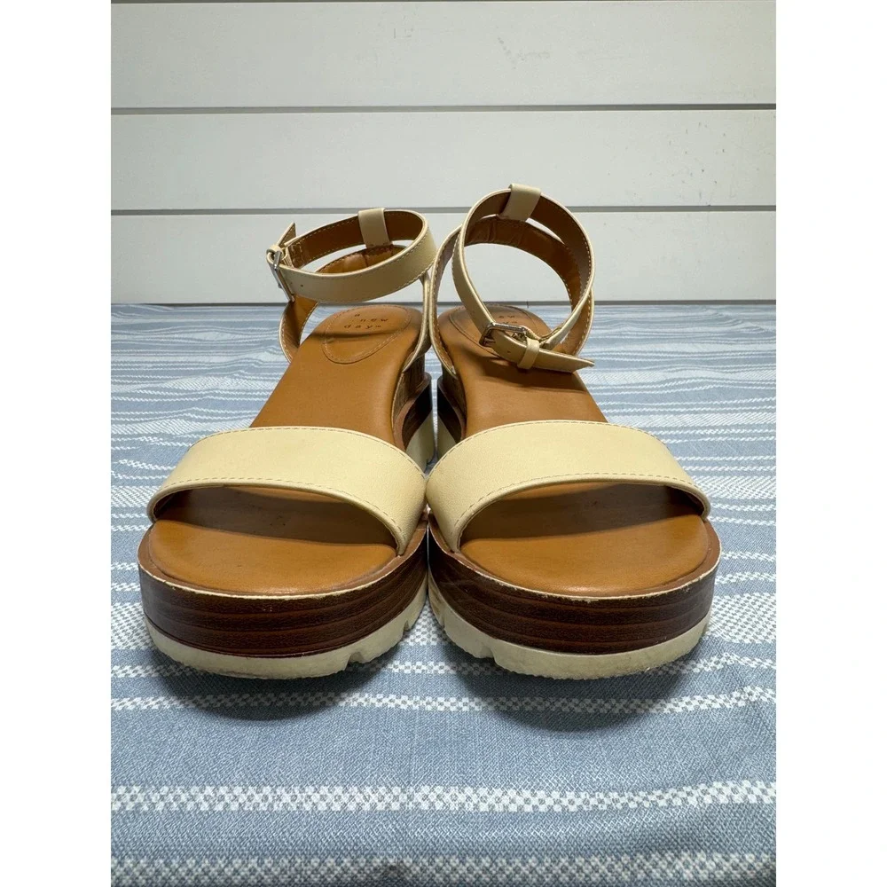 A New Day Womens Cream Cork Platform Wedge Ankle Strap Sandals Size 5